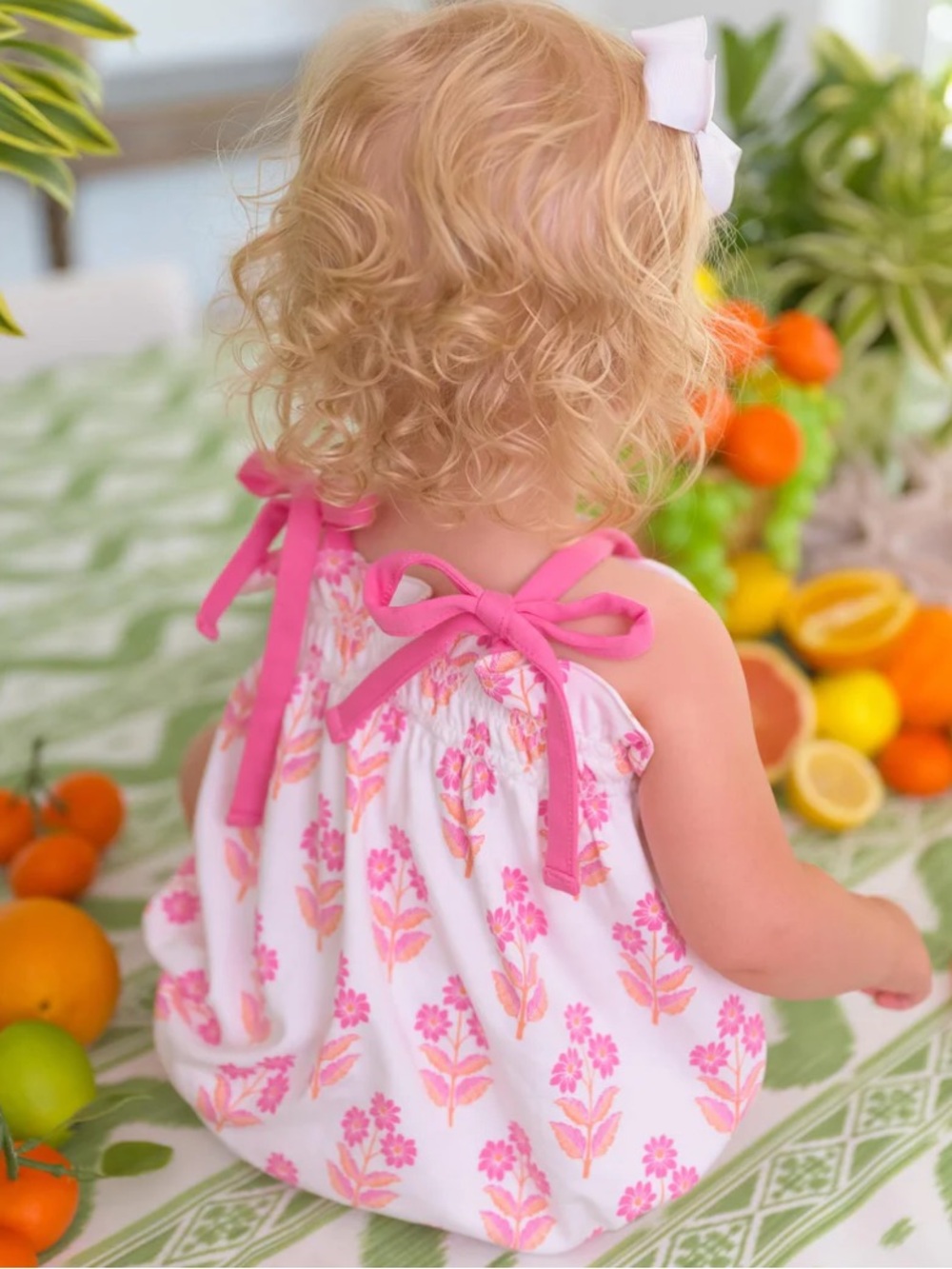 The Beaufort Bonnet Company Pink Toile Floral Bubble Romper with Tie Straps TBBC